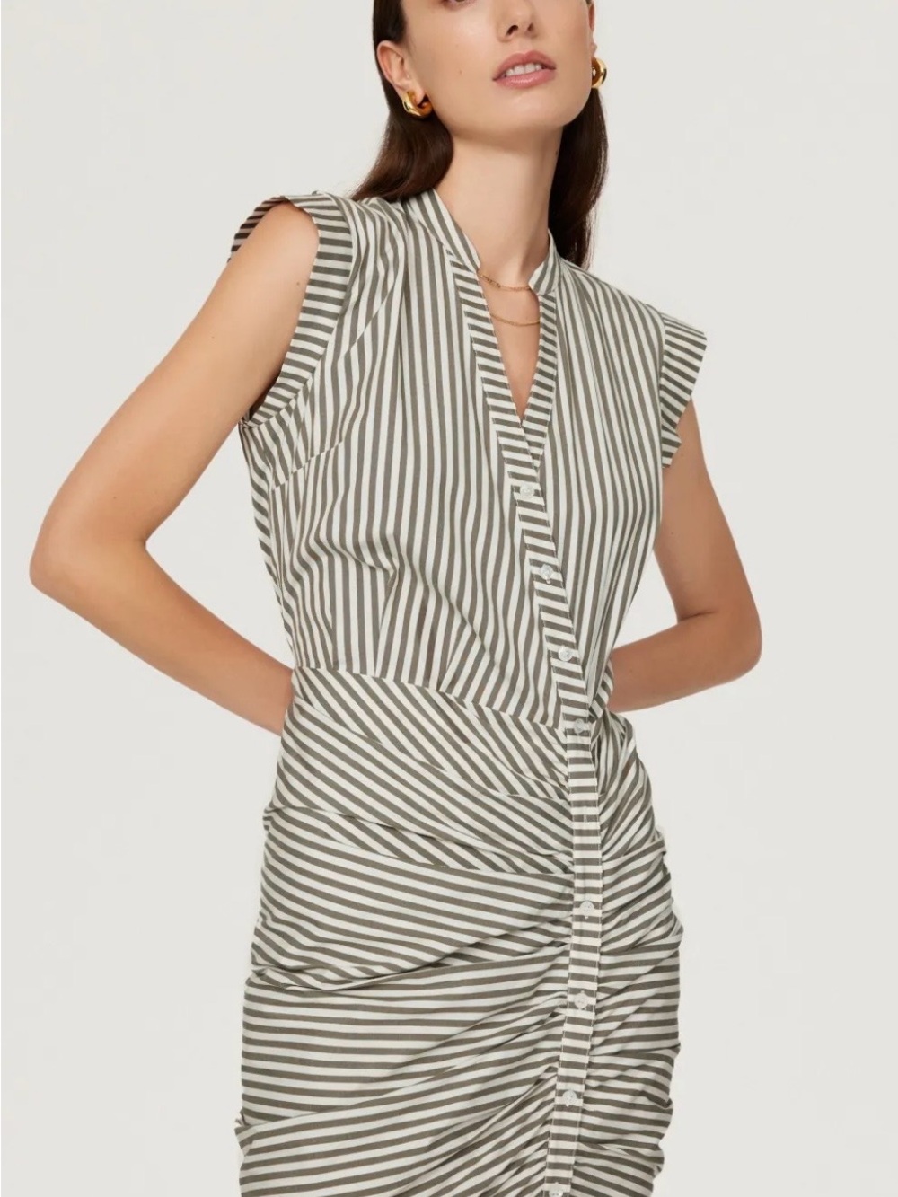 Striped Ruched dress- Olive/White - Picture 2 of 11